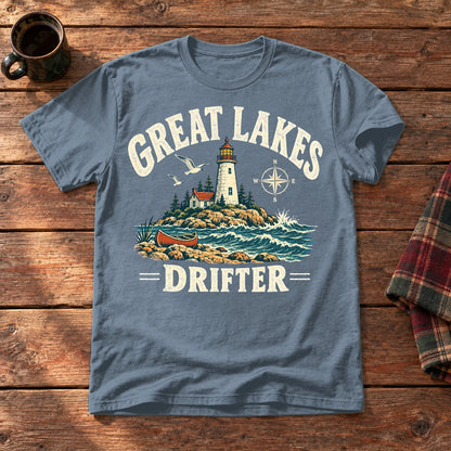 Great Lakes Drifter Lighthouse Graphic Tee on Heather Indigo Everyday Soft Tee
