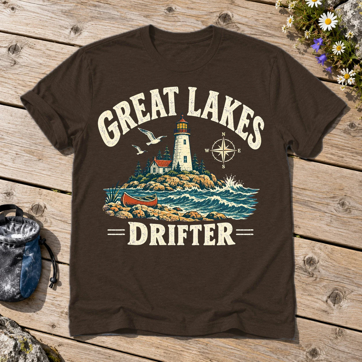 Great Lakes Drifter Lighthouse Graphic Tee on Dark Chocolate Everyday Soft Tee