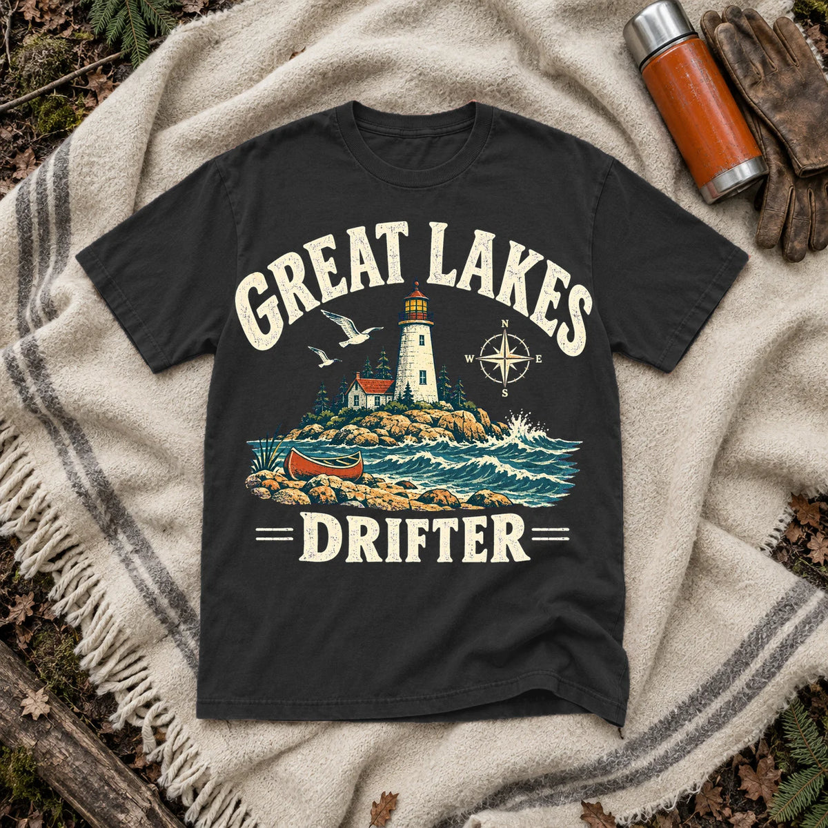 Great Lakes Drifter Lighthouse Graphic Tee on Black Premium Tee