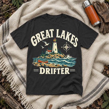 Great Lakes Drifter Lighthouse Graphic Tee on Black Premium Tee