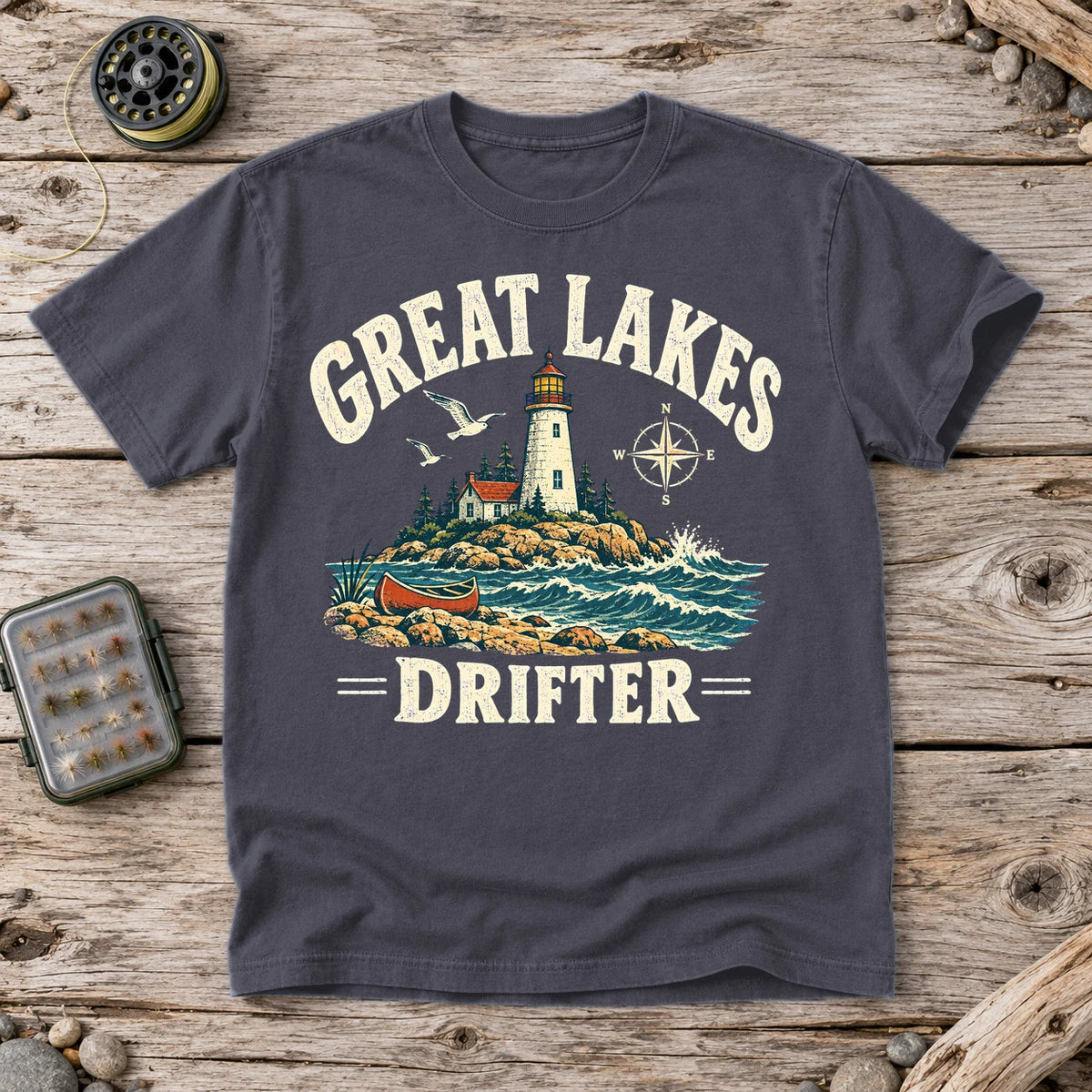 Great Lakes Drifter Lighthouse Graphic Tee on Navy Premium Tee