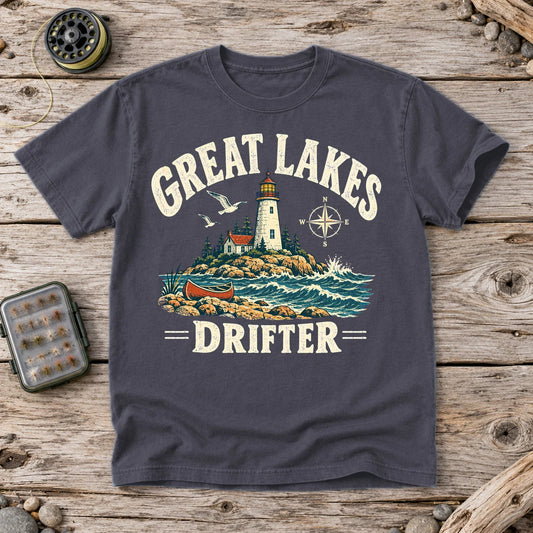Great Lakes Drifter Lighthouse Graphic Tee on Navy Premium Tee