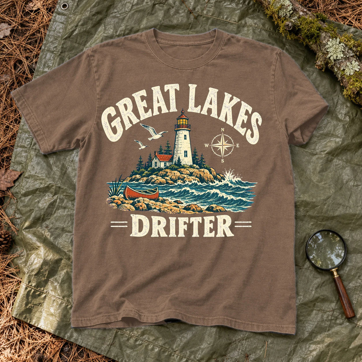 Great Lakes Drifter Lighthouse Graphic Tee on Espresso Premium Tee