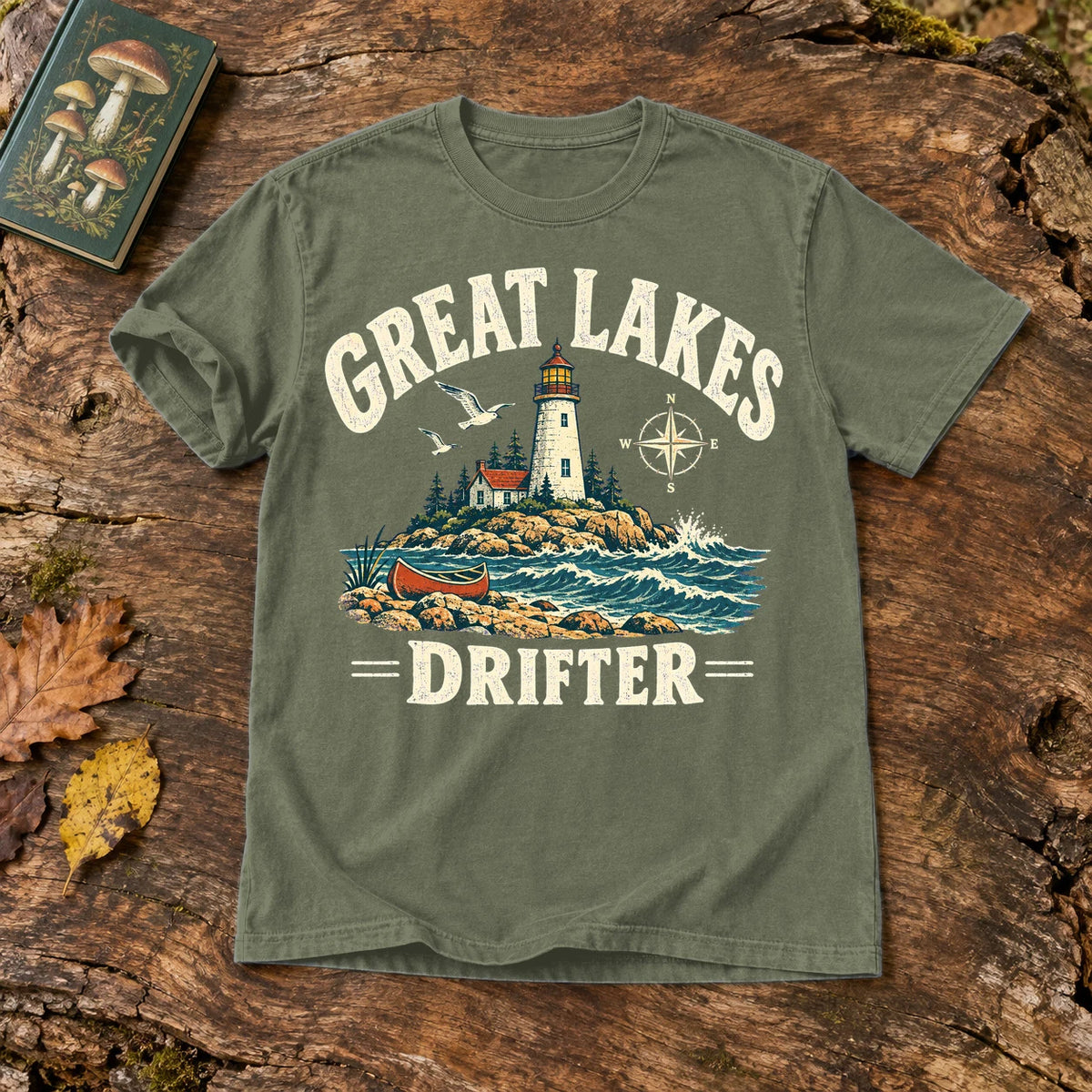 Great Lakes Drifter Lighthouse Graphic Tee on Moss Premium Tee