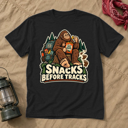 Snacks Before Tracks Bigfoot Graphic Tee on Black Everyday Soft Tee