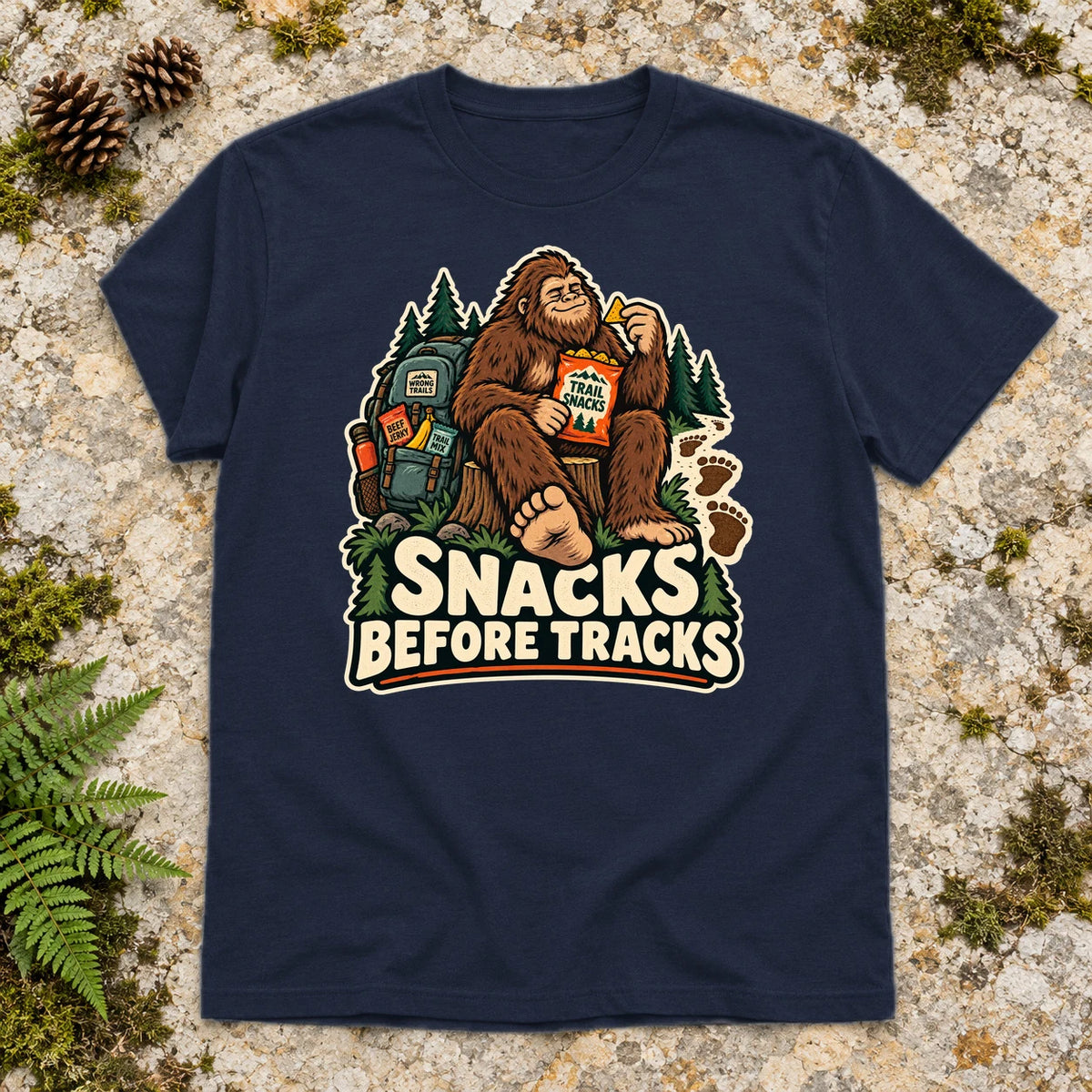 Snacks Before Tracks Bigfoot Graphic Tee on Navy Everyday Soft Tee