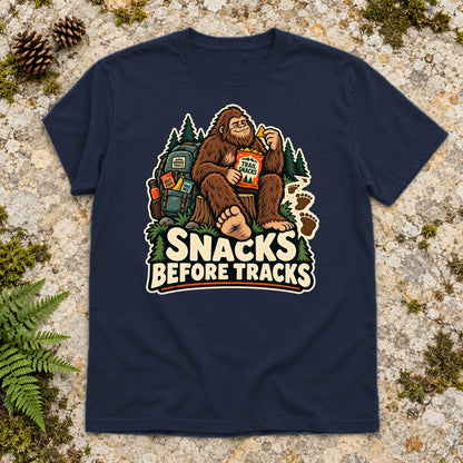 Snacks Before Tracks Bigfoot Graphic Tee on Navy Everyday Soft Tee