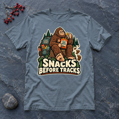 Snacks Before Tracks Bigfoot Graphic Tee on Heather Indigo Everyday Soft Tee