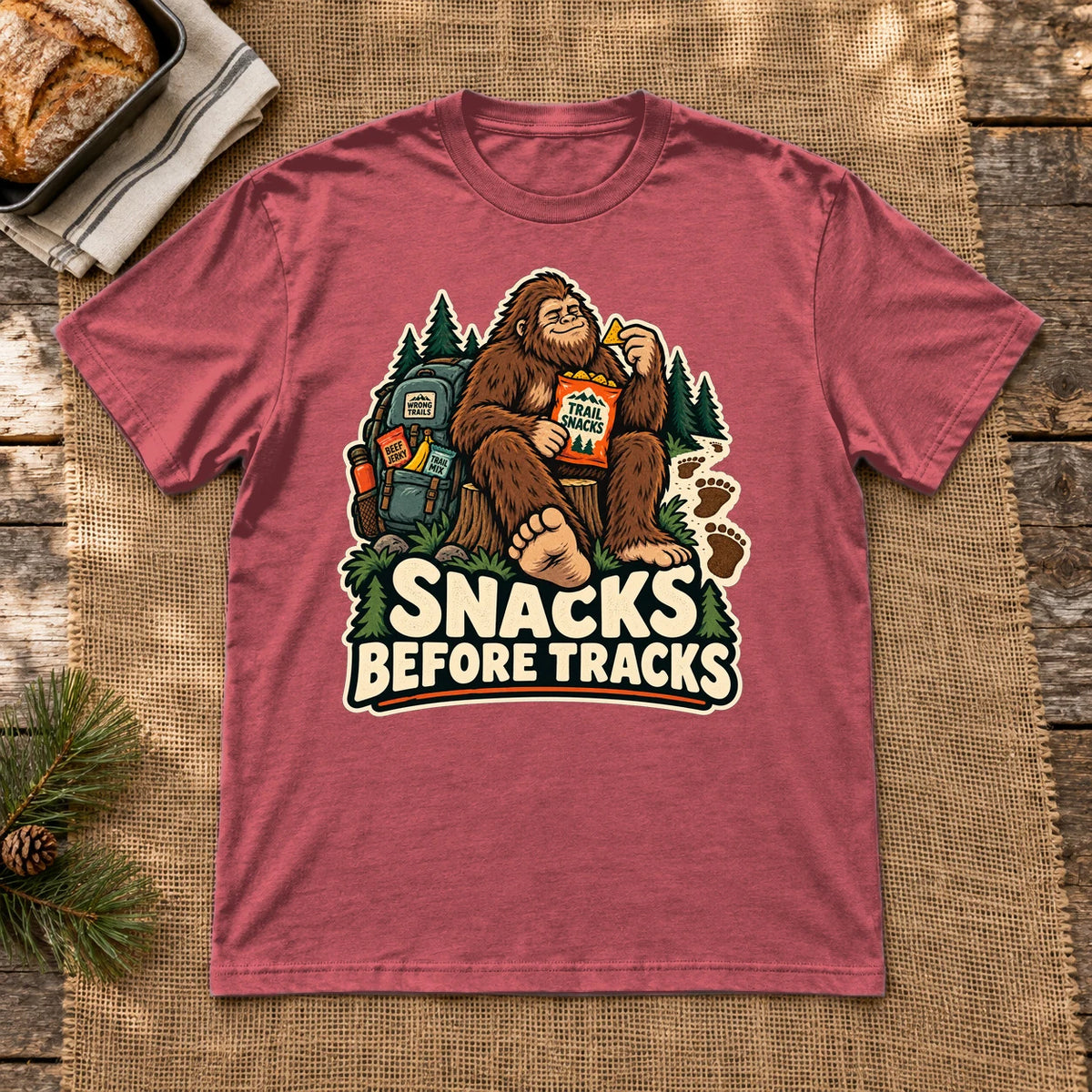 Snacks Before Tracks Bigfoot Graphic Tee on Heather Red Everyday Soft Tee