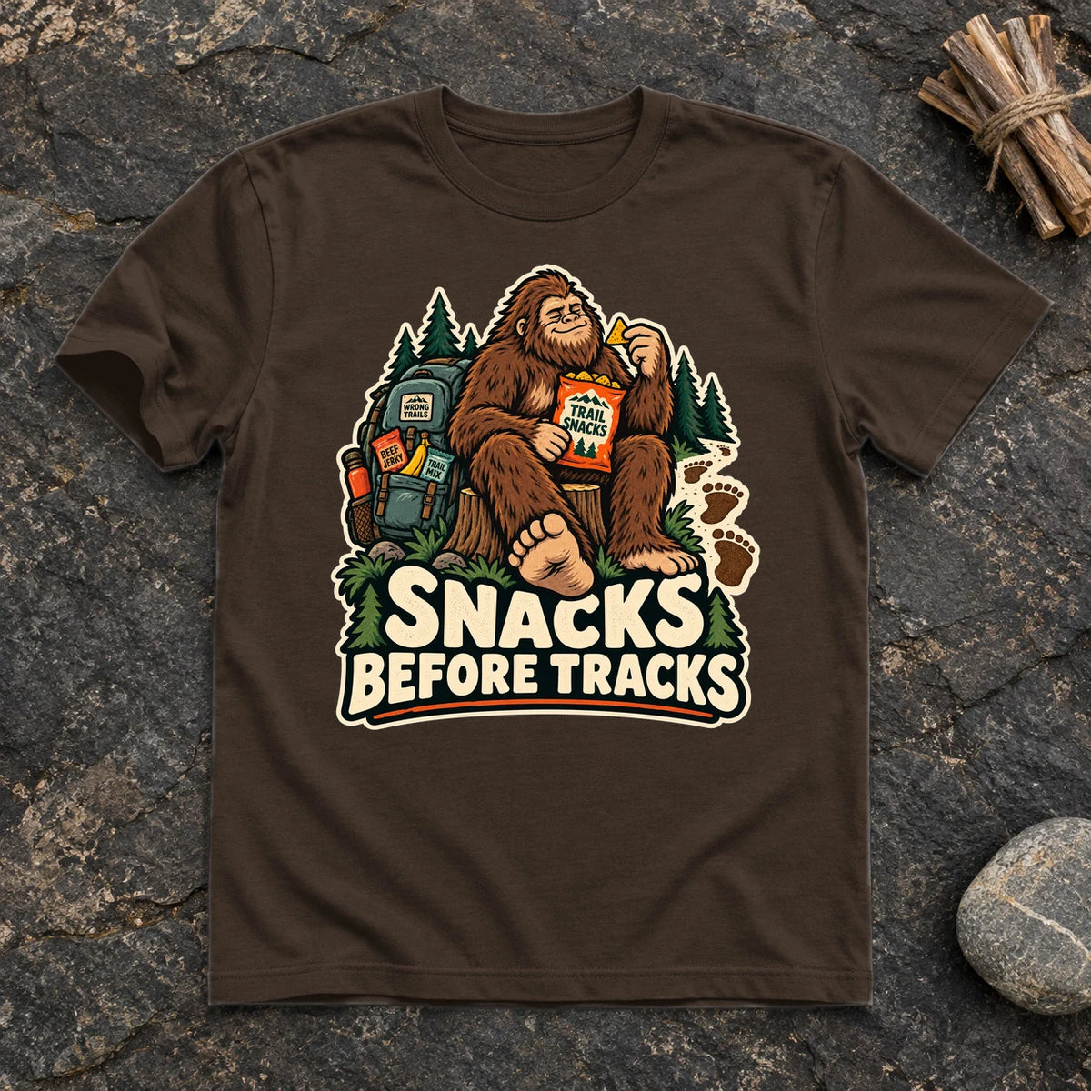 Snacks Before Tracks Bigfoot Graphic Tee on Dark Chocolate Everyday Soft Tee