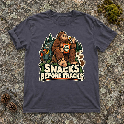 Snacks Before Tracks Bigfoot Graphic Tee on Navy Premium Tee