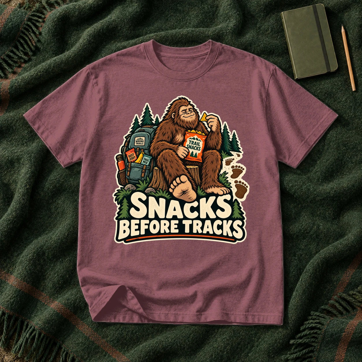 Snacks Before Tracks Bigfoot Graphic Tee on Brick Premium Tee