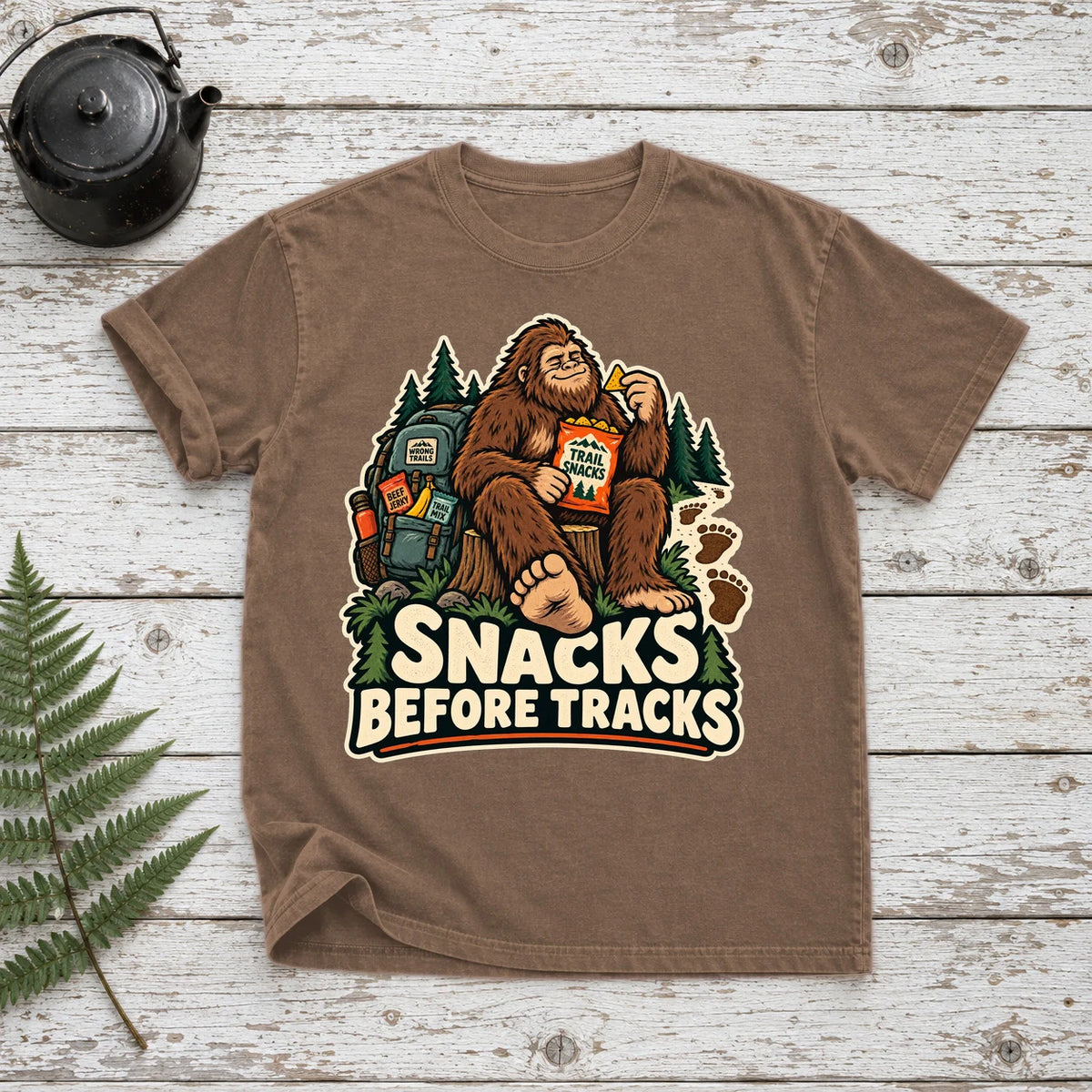 Snacks Before Tracks Bigfoot Graphic Tee on Espresso Premium Tee