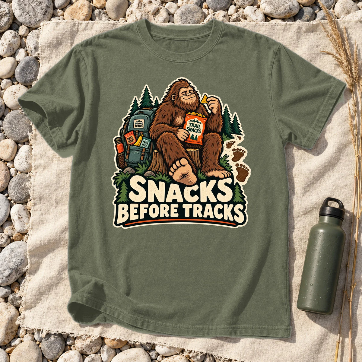 Snacks Before Tracks Bigfoot Graphic Tee on Moss Premium Tee