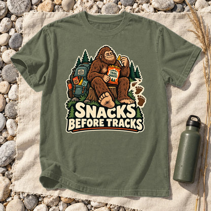 Snacks Before Tracks Bigfoot Graphic Tee on Moss Premium Tee