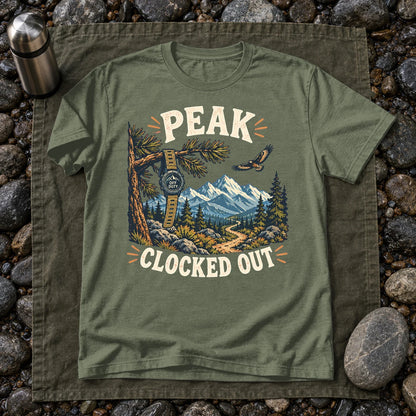 Peak Clocked Out Graphic Tee on Military Green Everyday Soft Tee
