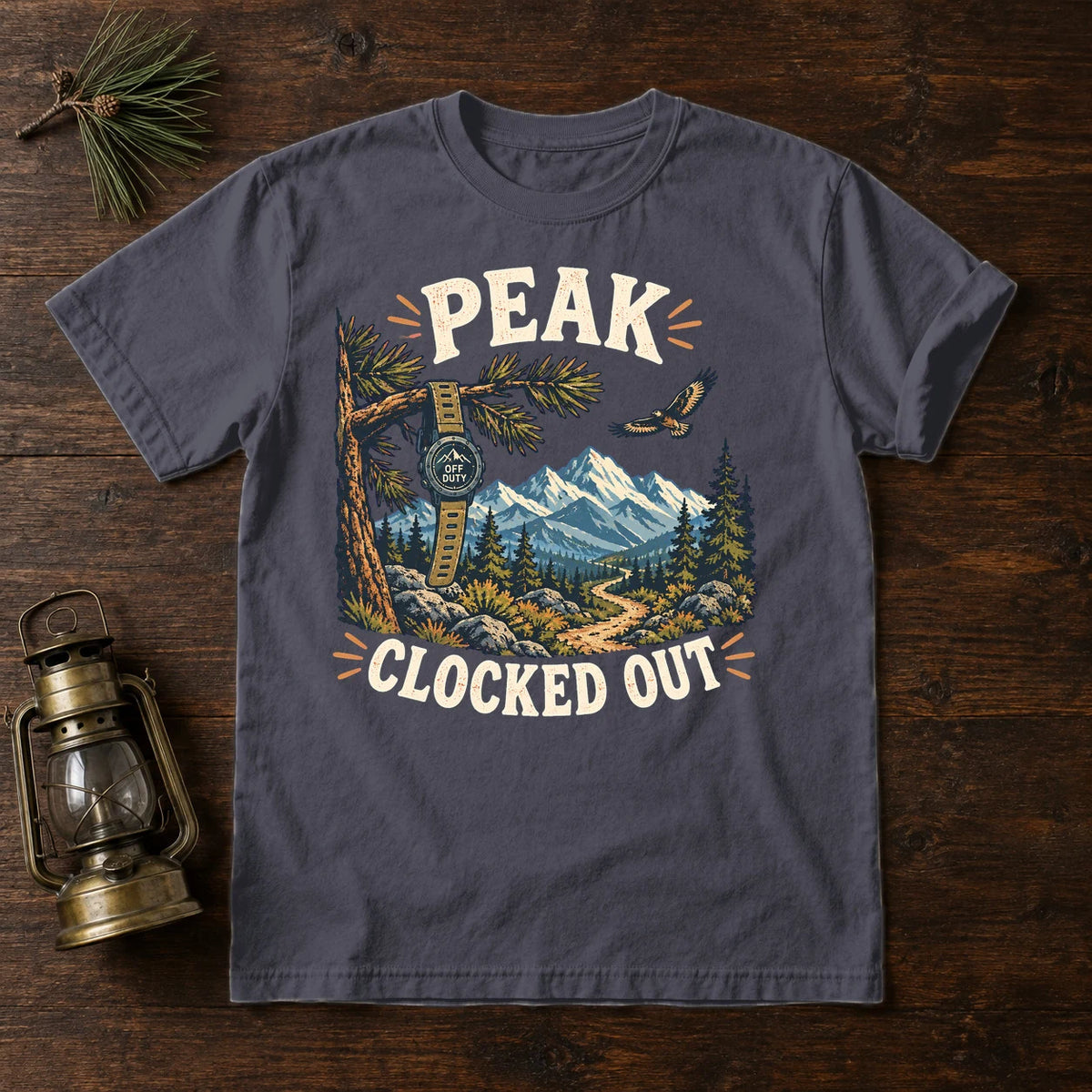 Peak Clocked Out Graphic Tee on Navy Premium Tee