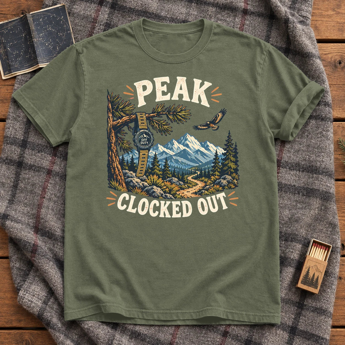 Peak Clocked Out Graphic Tee on Moss Premium Tee