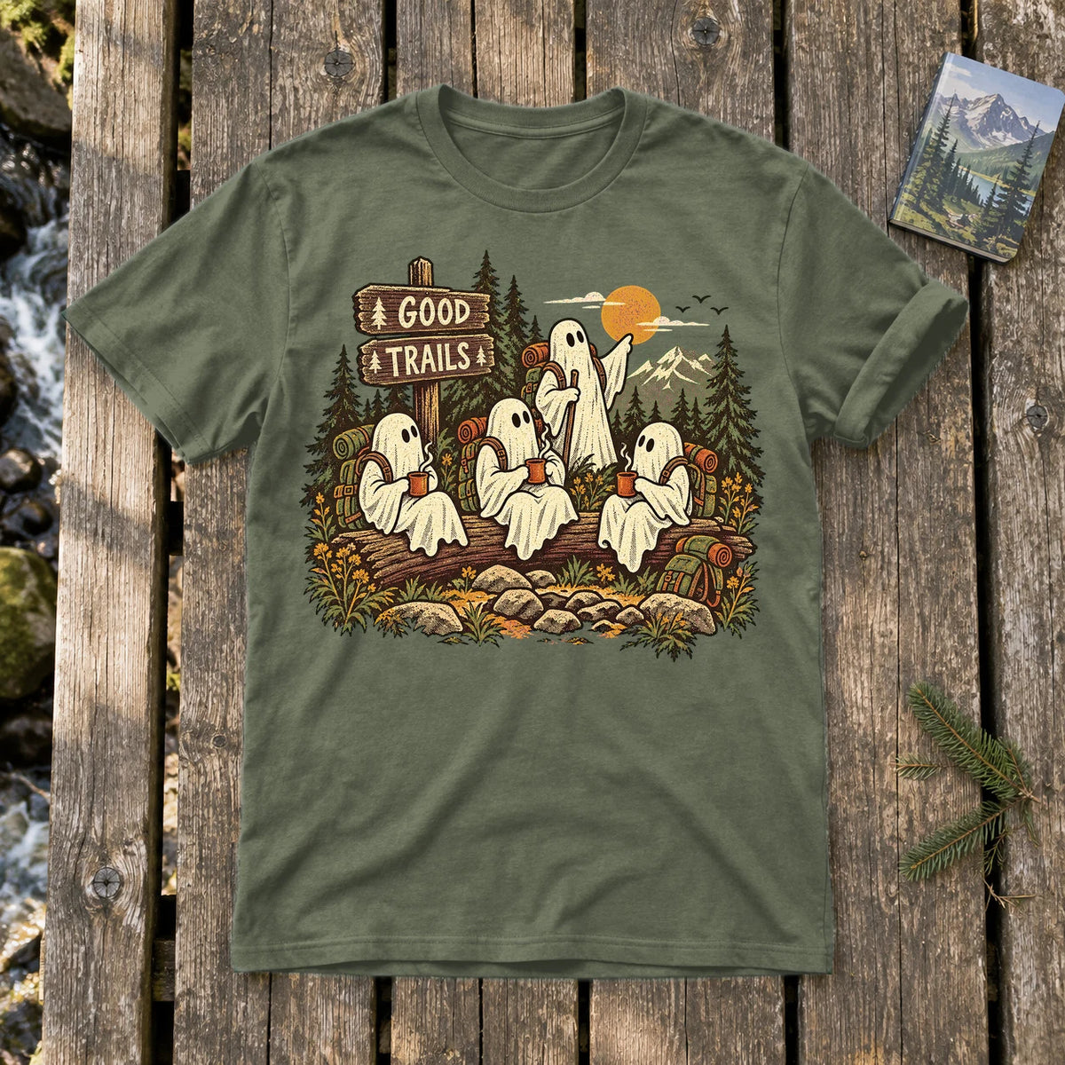 Good Trails Ghost Hikers Graphic Tee on Military Green Everyday Soft Tee