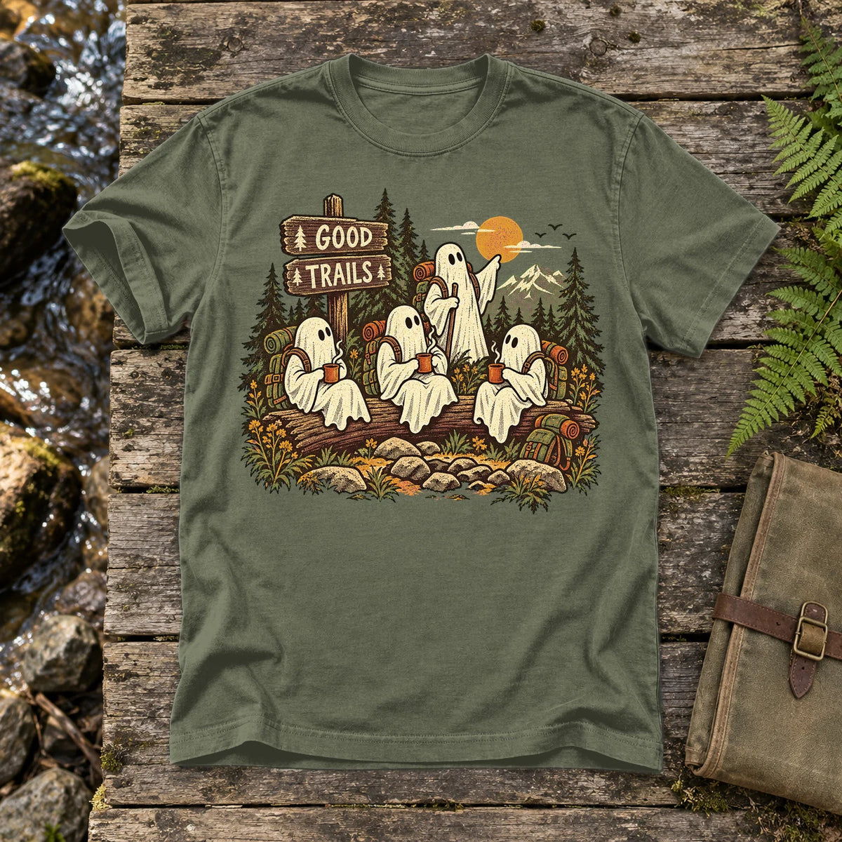 Good Trails Ghost Hikers Graphic Tee on Moss Premium Tee