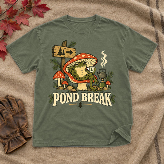 Pond Break Frog Graphic Tee on Military Green Everyday Soft Tee