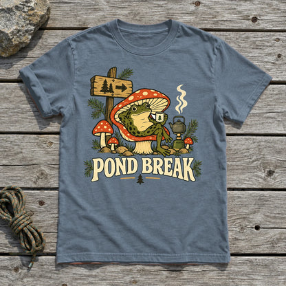 Pond Break Frog Graphic Tee on Heather Indigo Everyday Soft Tee