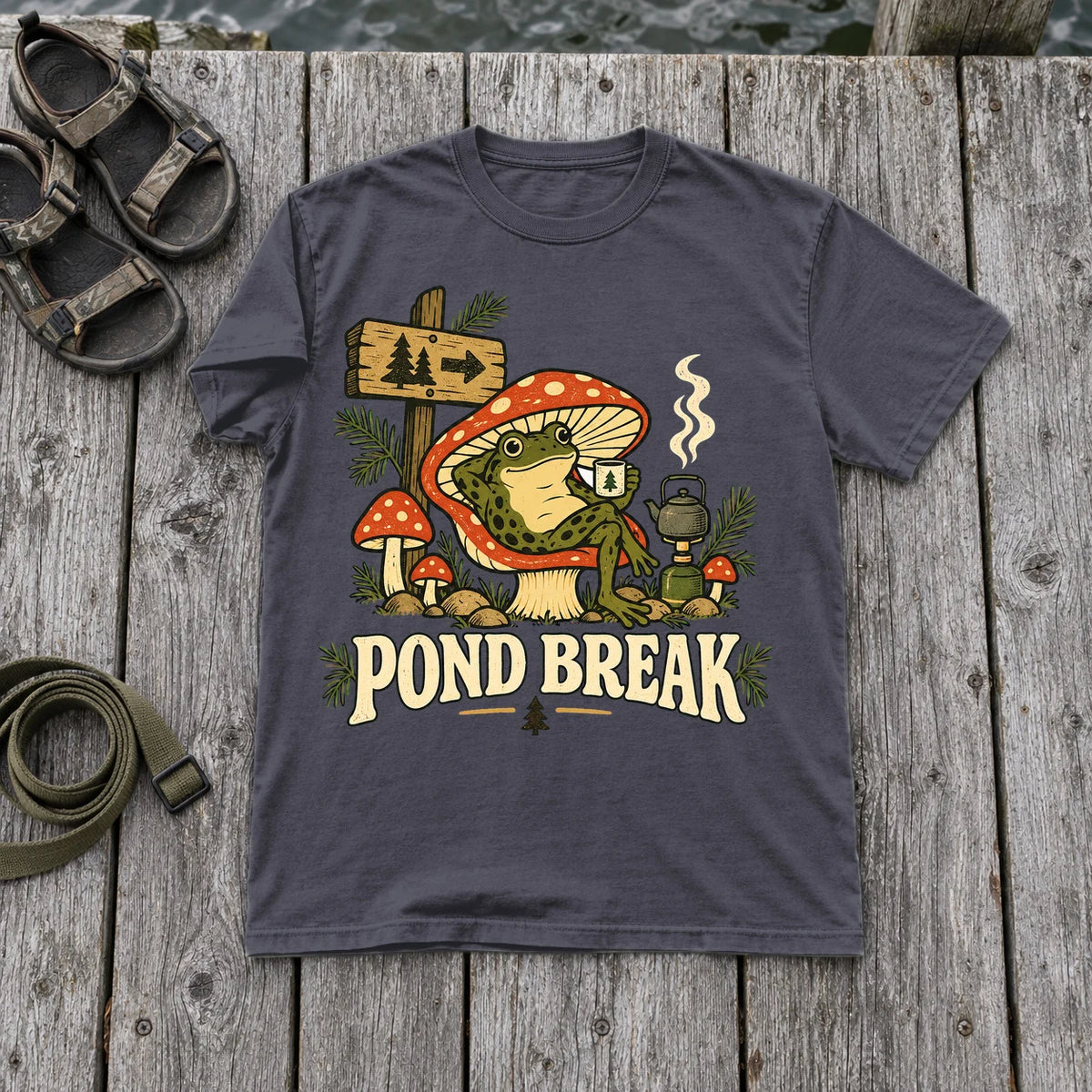 Pond Break Frog Graphic Tee on Navy Premium Tee