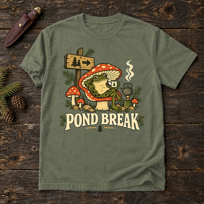 Pond Break Frog Graphic Tee on Moss Premium Tee