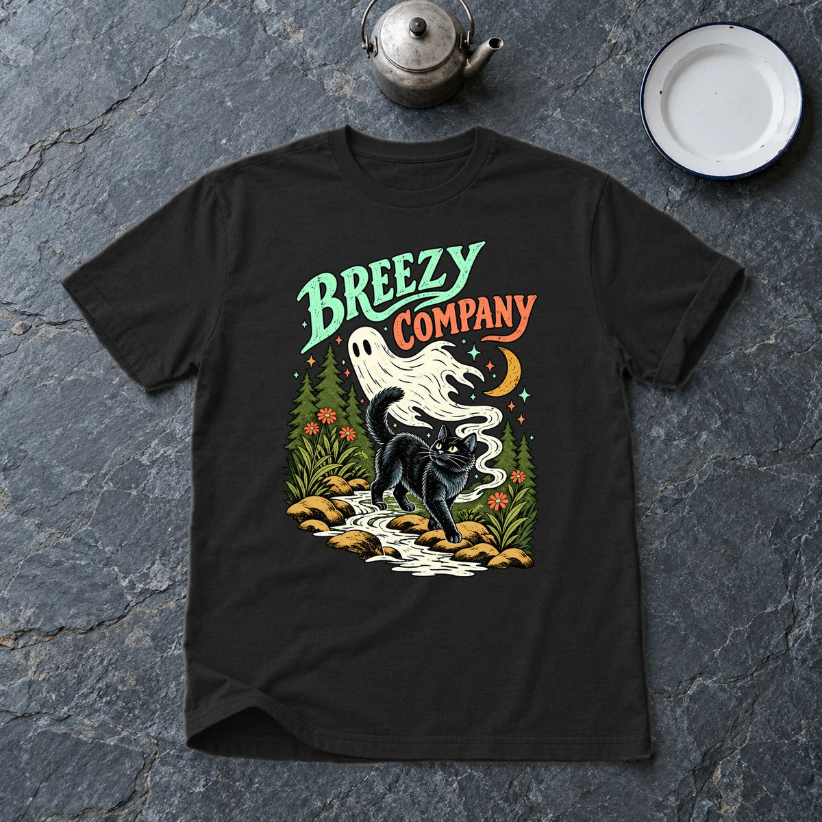 Breezy Company Ghost & Cat Graphic Tee on Black Everyday Soft Tee