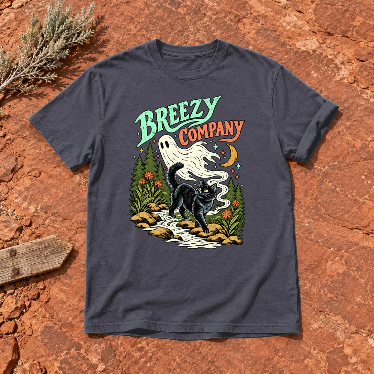 Breezy Company Ghost & Cat Graphic Tee on Navy Premium Tee