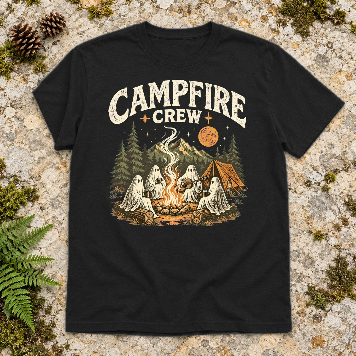 Campfire Crew Retro Ghost Graphic Tee on Black Everyday Soft Tee