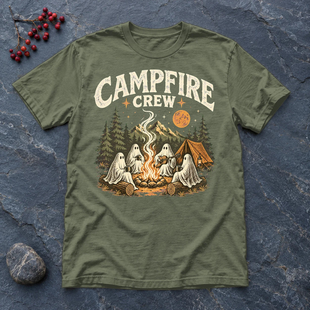 Campfire Crew Retro Ghost Graphic Tee on Military Green Everyday Soft Tee