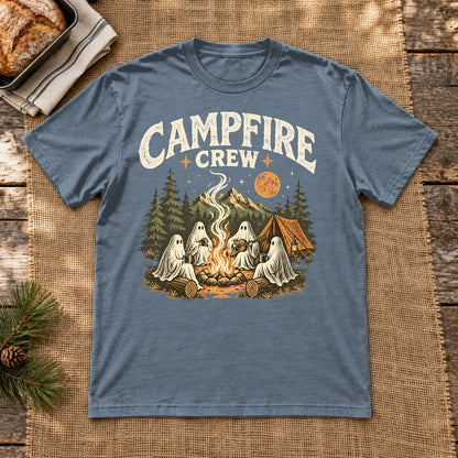 Campfire Crew Retro Ghost Graphic Tee on Heather Indigo Everyday Soft Tee