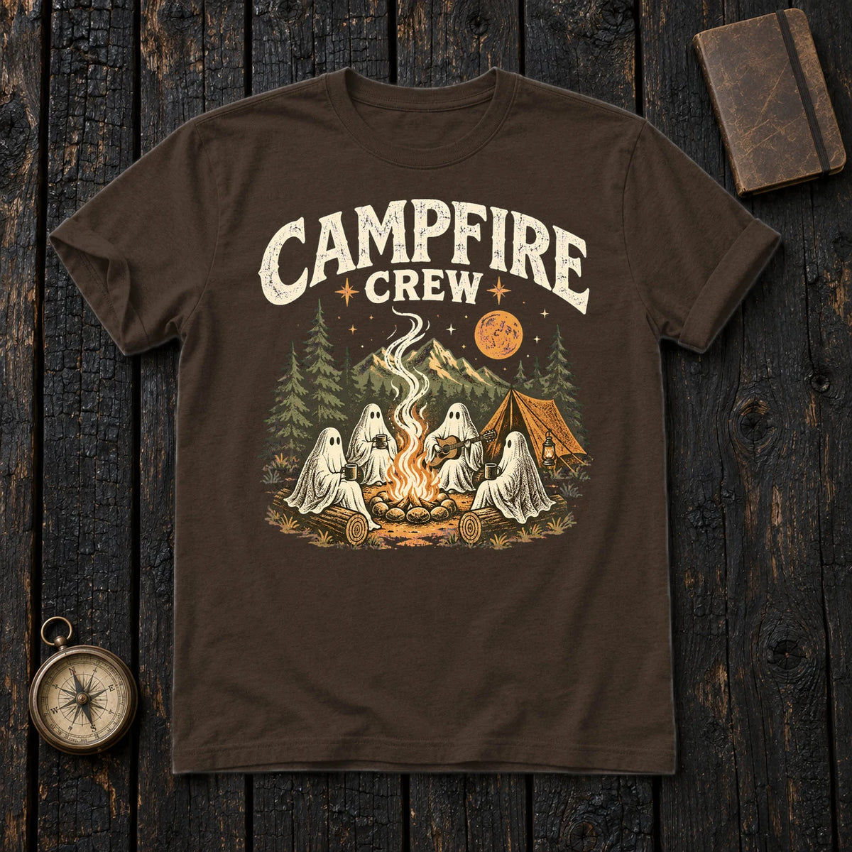 Campfire Crew Retro Ghost Graphic Tee on Dark Chocolate Everyday Soft Tee