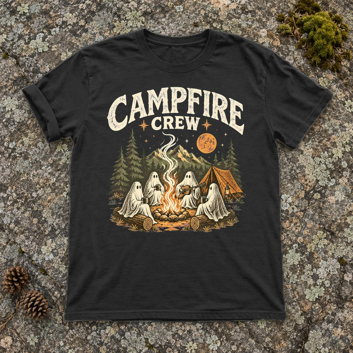 Campfire Crew Retro Ghost Graphic Tee on Black Premium Tee