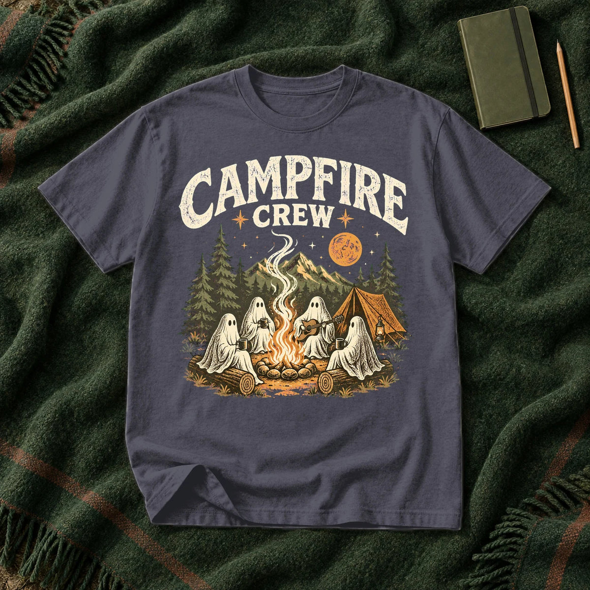 Campfire Crew Retro Ghost Graphic Tee on Navy Premium Tee