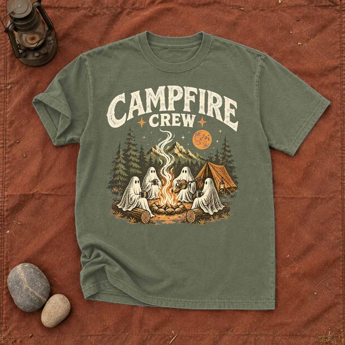 Campfire Crew Retro Ghost Graphic Tee on Moss Premium Tee