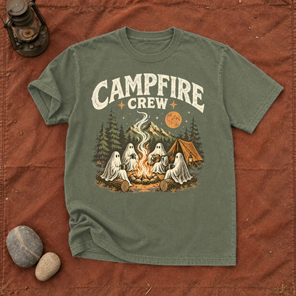 Campfire Crew Retro Ghost Graphic Tee on Moss Premium Tee
