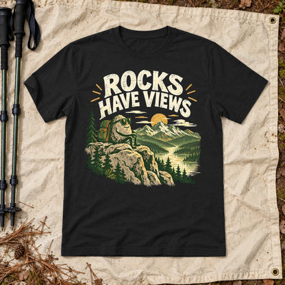 Rocks Have Views Vintage Hiking Graphic Tee on Black Everyday Soft Tee