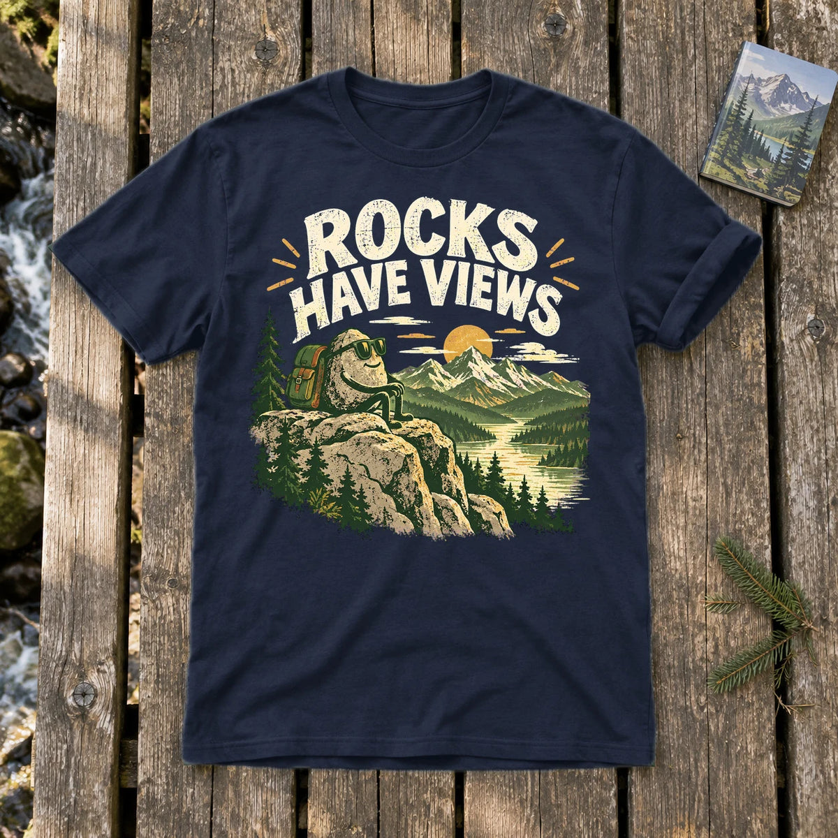 Rocks Have Views Vintage Hiking Graphic Tee on Navy Everyday Soft Tee