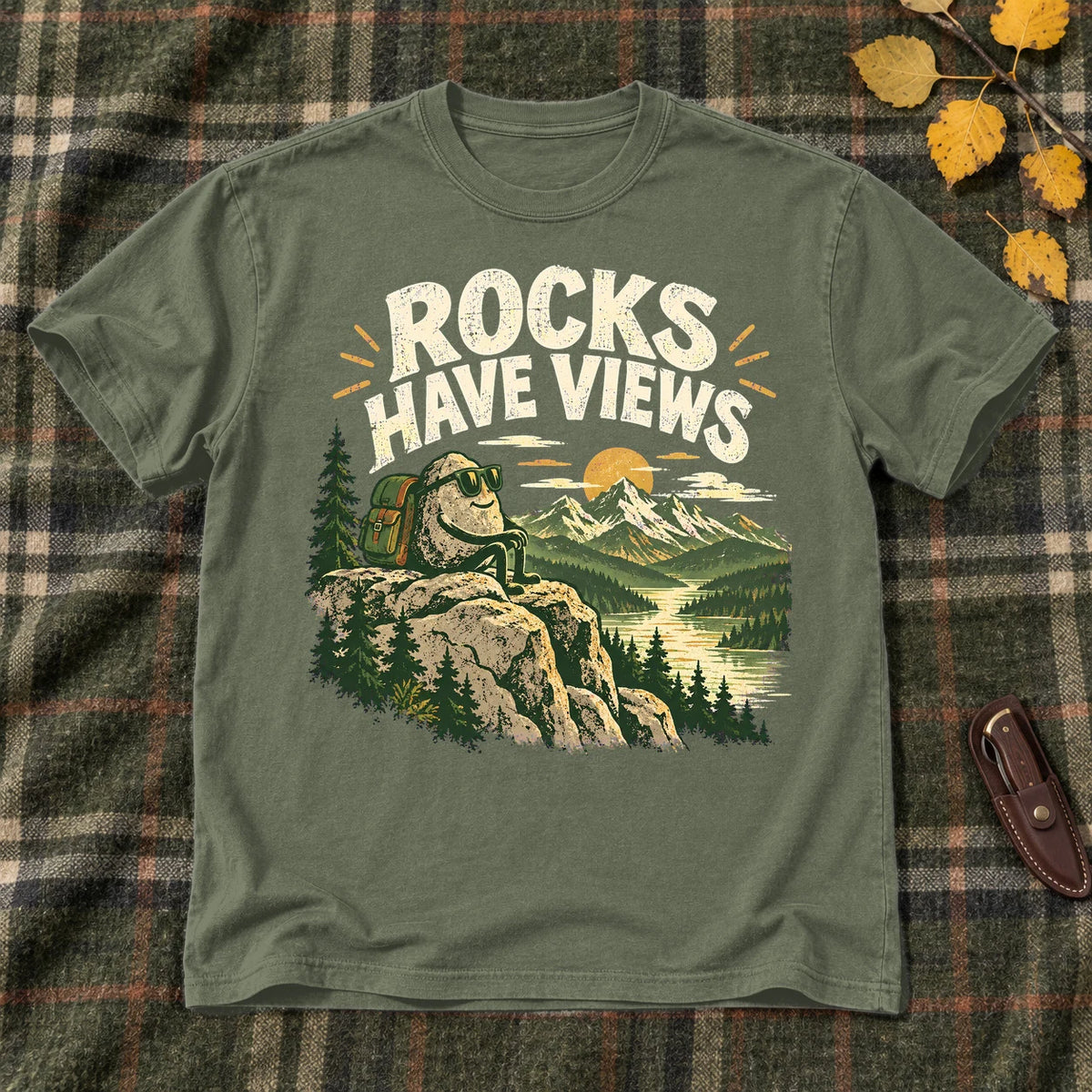 Rocks Have Views Vintage Hiking Graphic Tee on Military Green Everyday Soft Tee