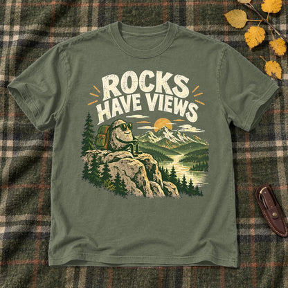 Rocks Have Views Vintage Hiking Graphic Tee on Military Green Everyday Soft Tee