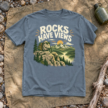 Rocks Have Views Vintage Hiking Graphic Tee on Heather Indigo Everyday Soft Tee