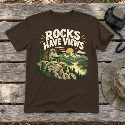 Rocks Have Views Vintage Hiking Graphic Tee on Dark Chocolate Everyday Soft Tee