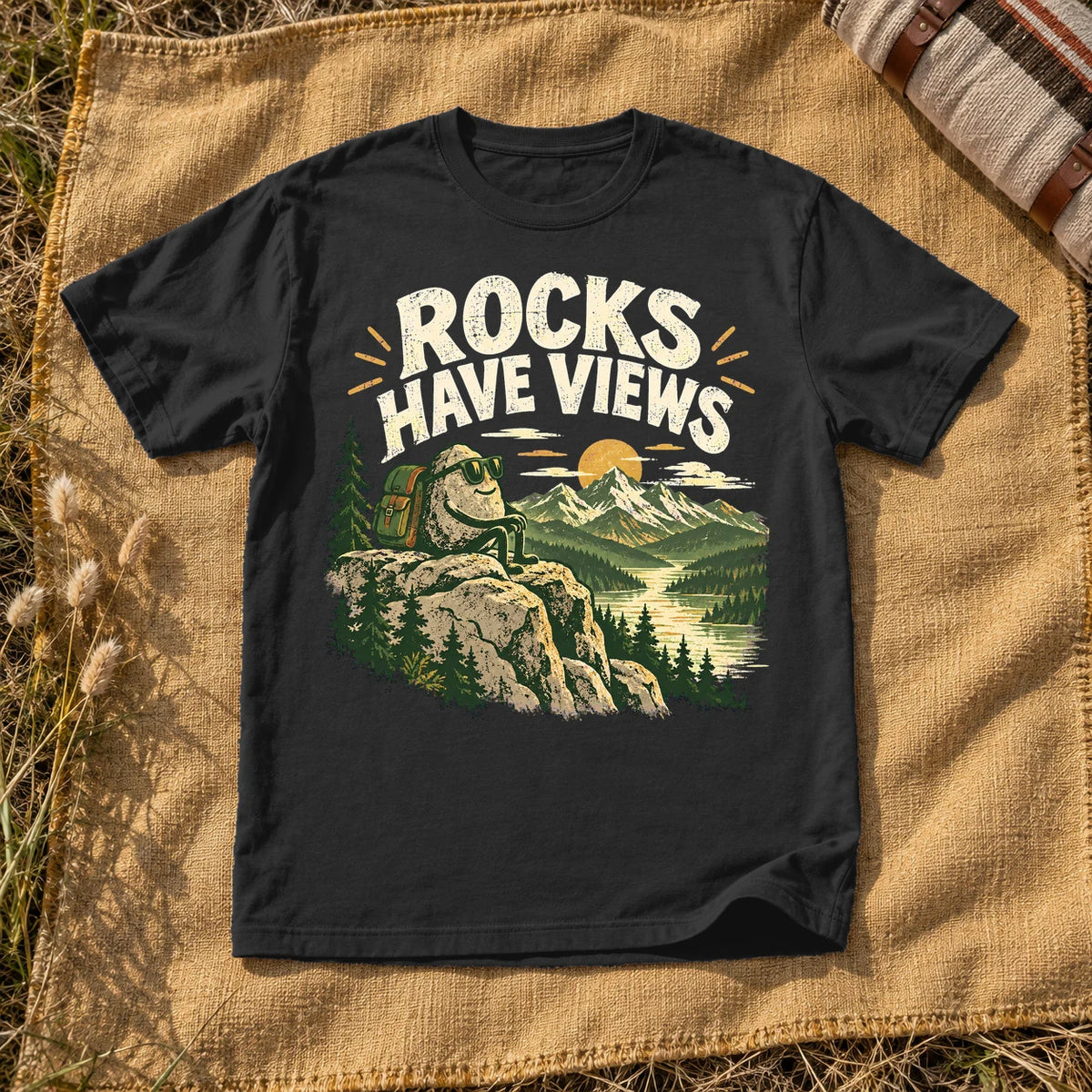 Rocks Have Views Vintage Hiking Graphic Tee on Black Premium Tee