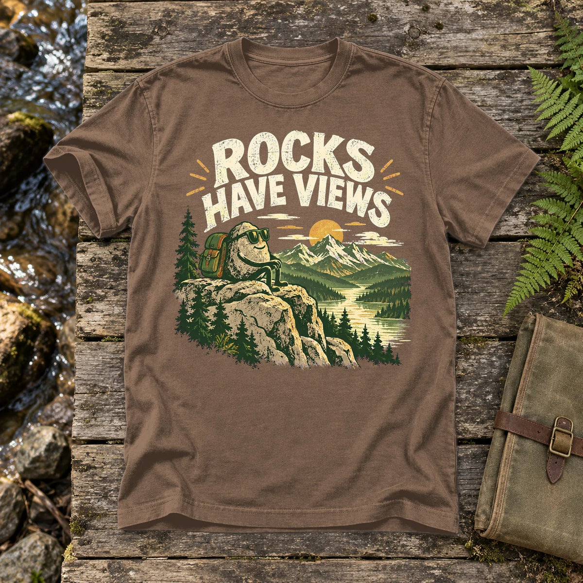 Rocks Have Views Vintage Hiking Graphic Tee on Espresso Premium Tee