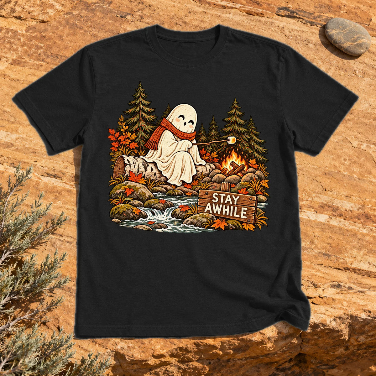 Stay Awhile Campfire Ghost Graphic Tee on Black Everyday Soft Tee