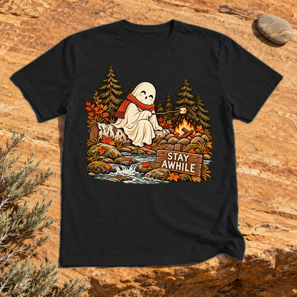 Stay Awhile Campfire Ghost Graphic Tee on Black Everyday Soft Tee