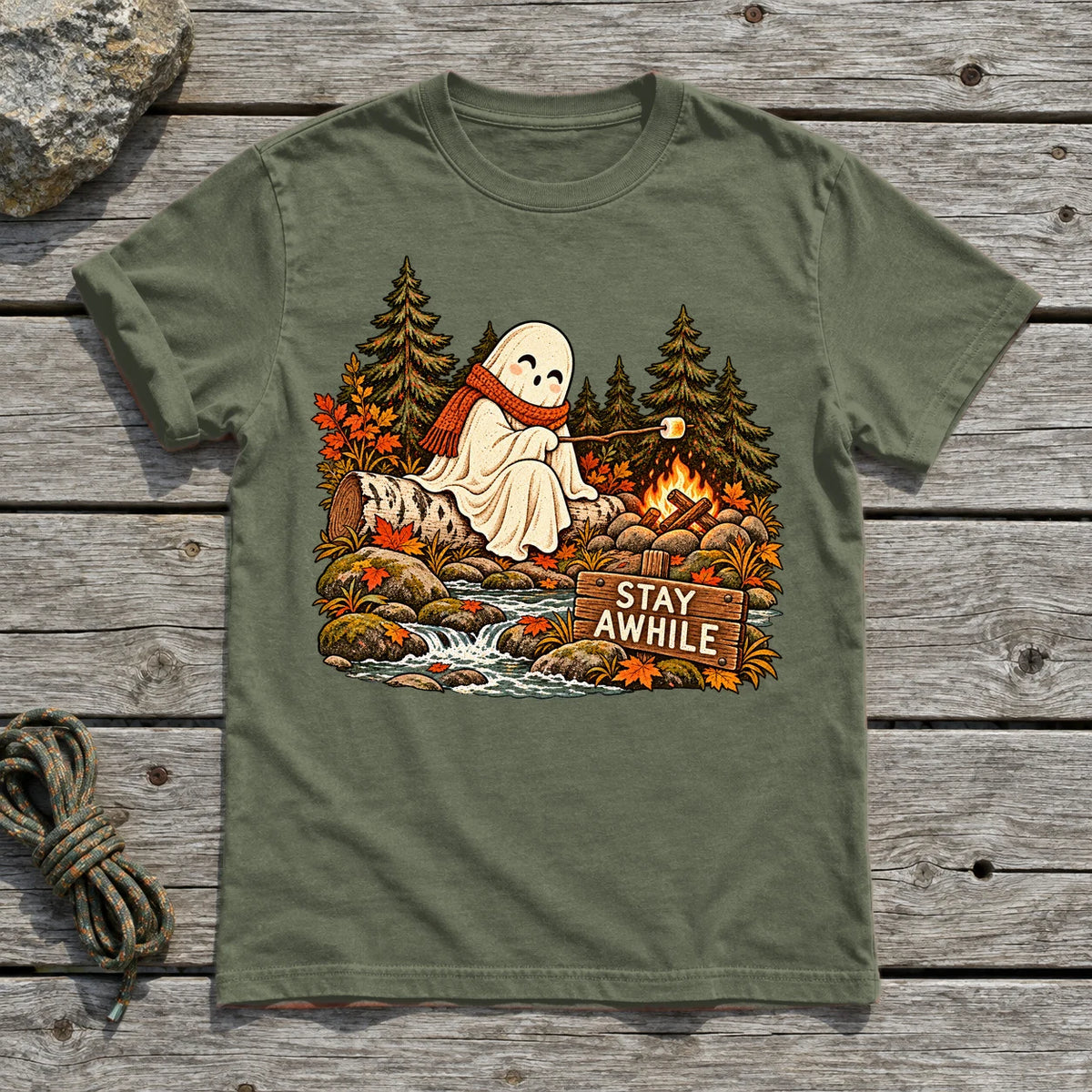 Stay Awhile Campfire Ghost Graphic Tee on Military Green Everyday Soft Tee
