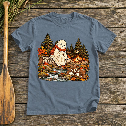 Stay Awhile Campfire Ghost Graphic Tee on Heather Indigo Everyday Soft Tee